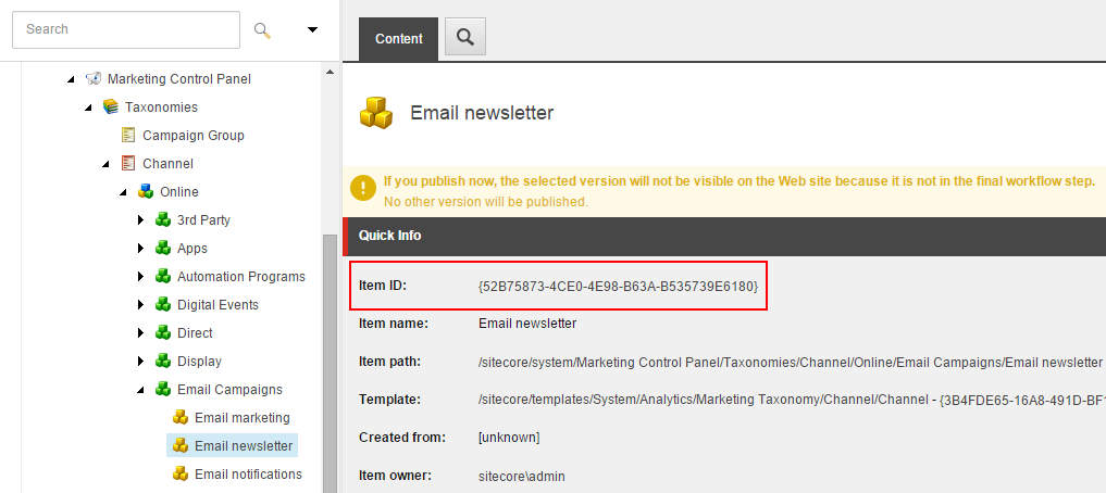 Email Marketing channel showing the default channel ID.