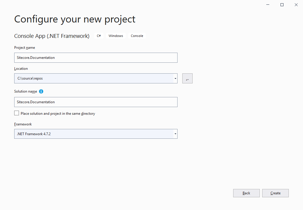 The Configure your new project dialogue box in Visual Studio.
