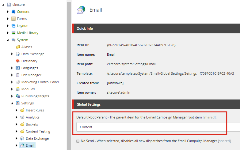 Global settings Default Root Parent item for the email campaign.