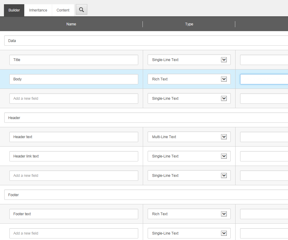 The builder tab showing where to add the relevant template fields.
