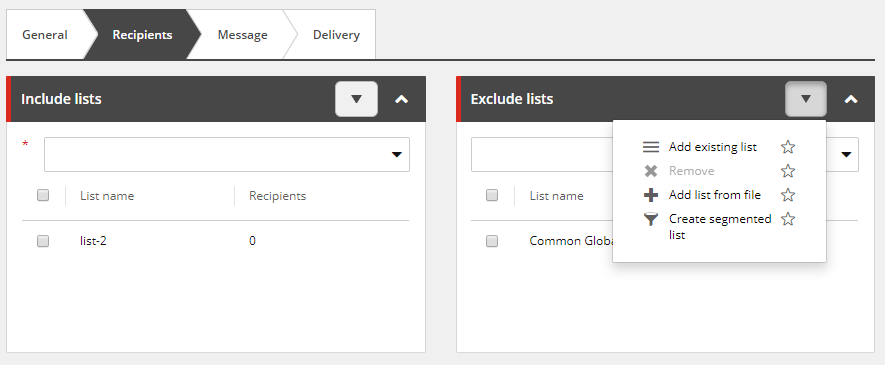 Email Experience Manager Recipients tab showing how to add relevant lists.