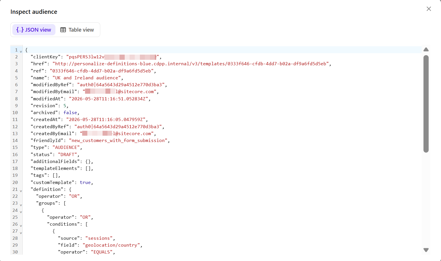 At the top-right of the page, click the horizontal ellipsis icon, then click Inspect to open the Inspect audience dialog