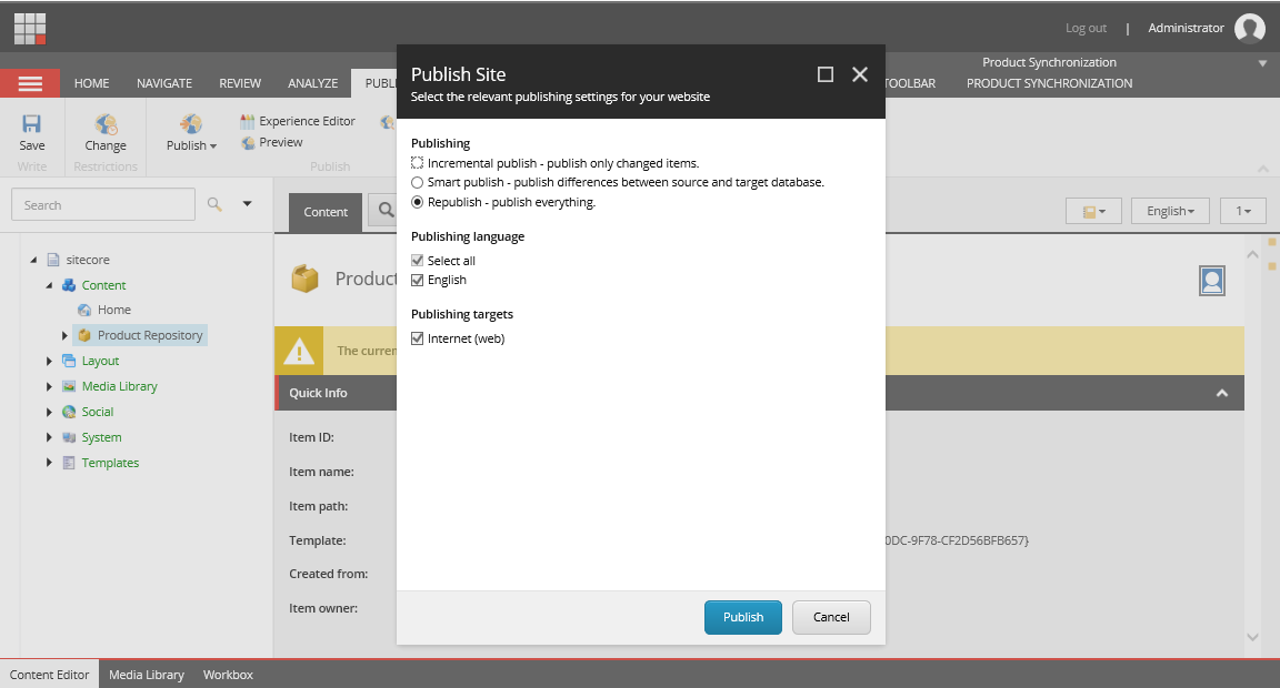 The Publish Site dialog box.