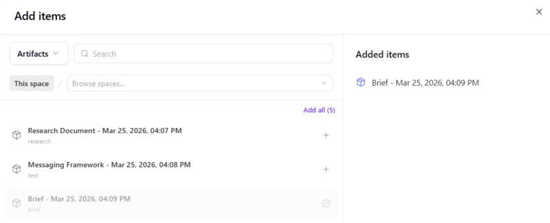 Click Add items and select one or more items for the agent to act on to generate the output.