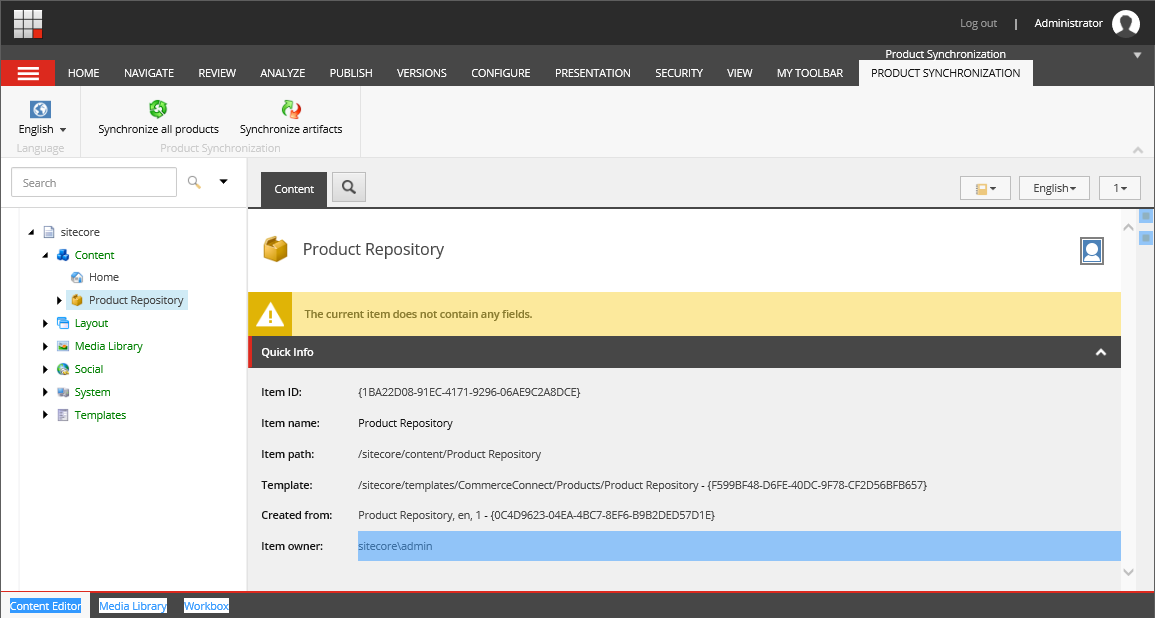 The Product Repository item in the Content Editor.
