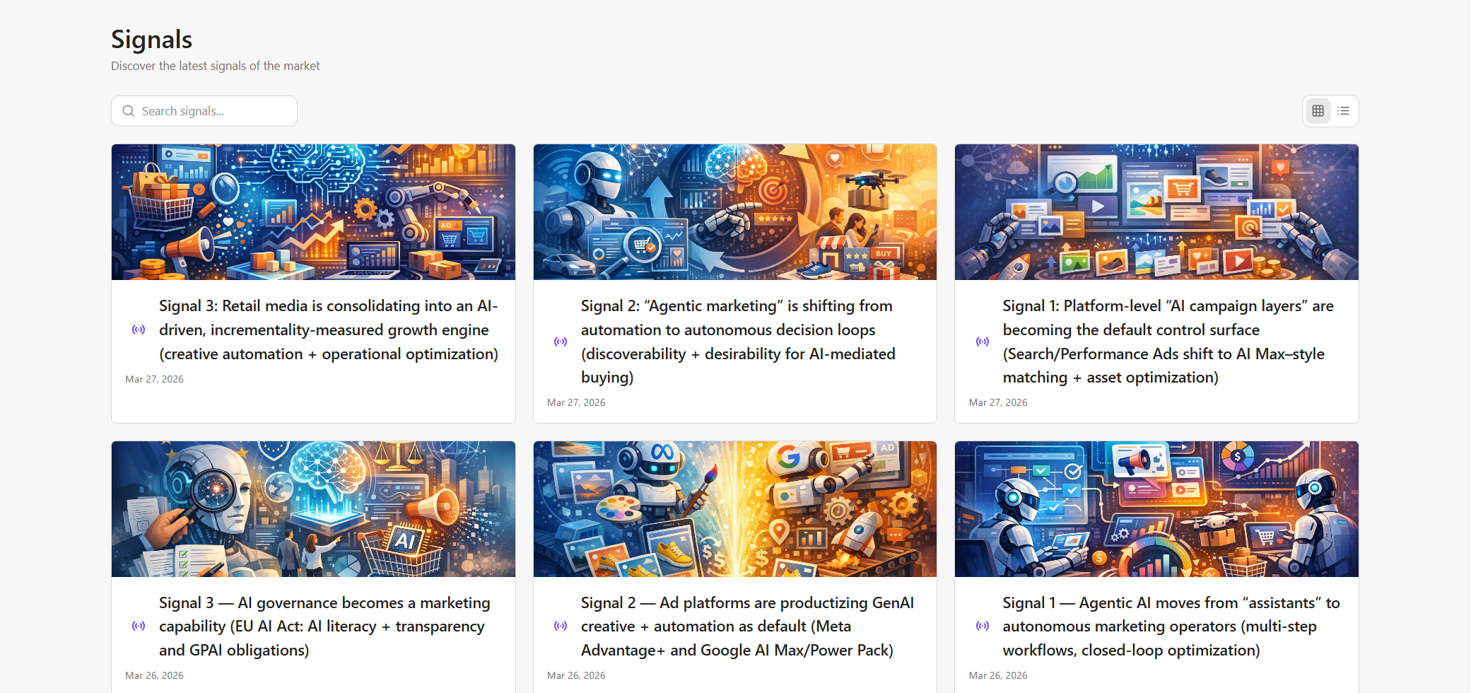 The Signals page is where you can explore and review the latest research insights for a selected topic.