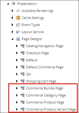 Commerce pages in the Page Designs folder.