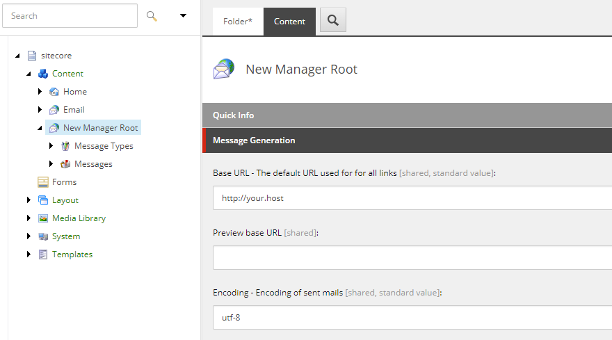 Content Editor showing a new Manager Root.