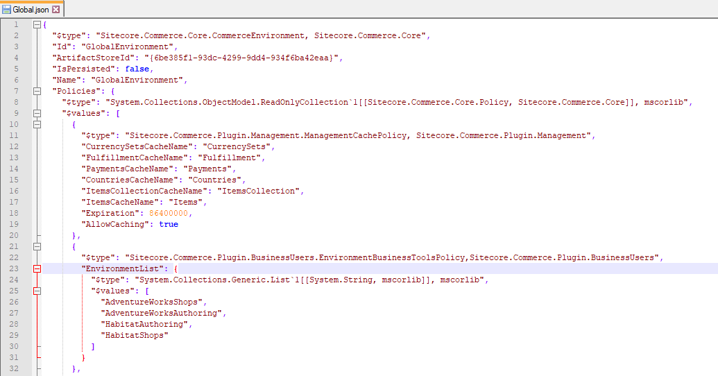 Examples of policies in the Global.json file.