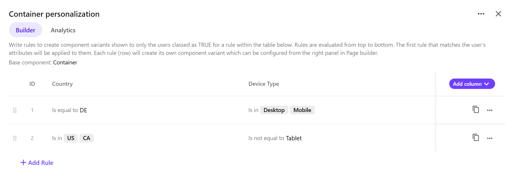 Each rule appears as a separate row in the decision table and creates a corresponding component variant.
