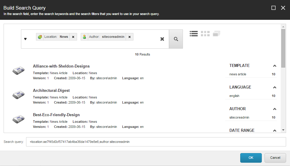 The Build Search Query dialog box