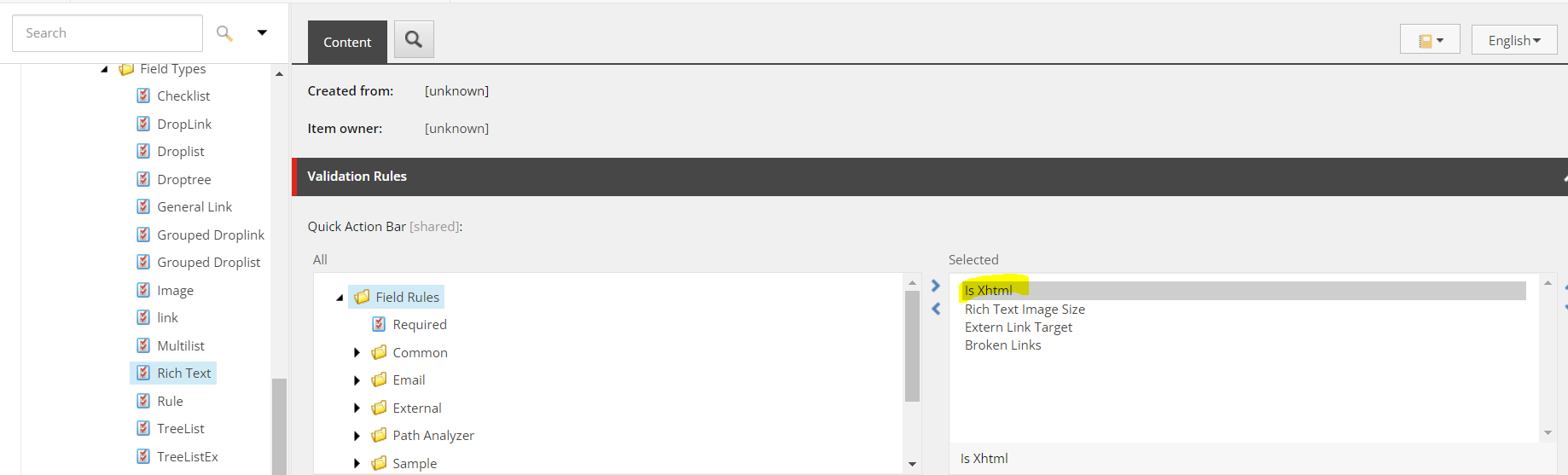 Dialog for adding validation rules to items