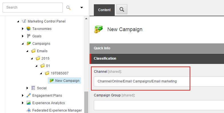 Classification section for a New Campaign showing the channel ID.