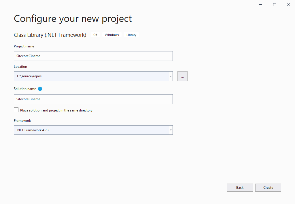 The Configure your new project dialogue box in Visual Studio.