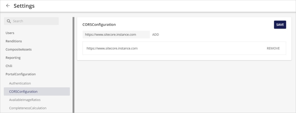 Updating the CORSConfiguration field on the Settings page of the Sitecore DAM menu