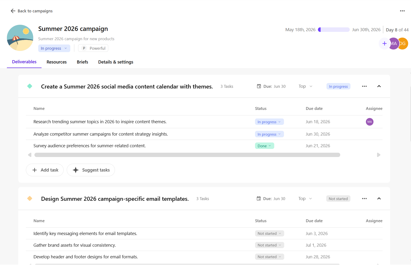 The List tab on the Overview page shows the structure of deliverables and tasks within a campaign.