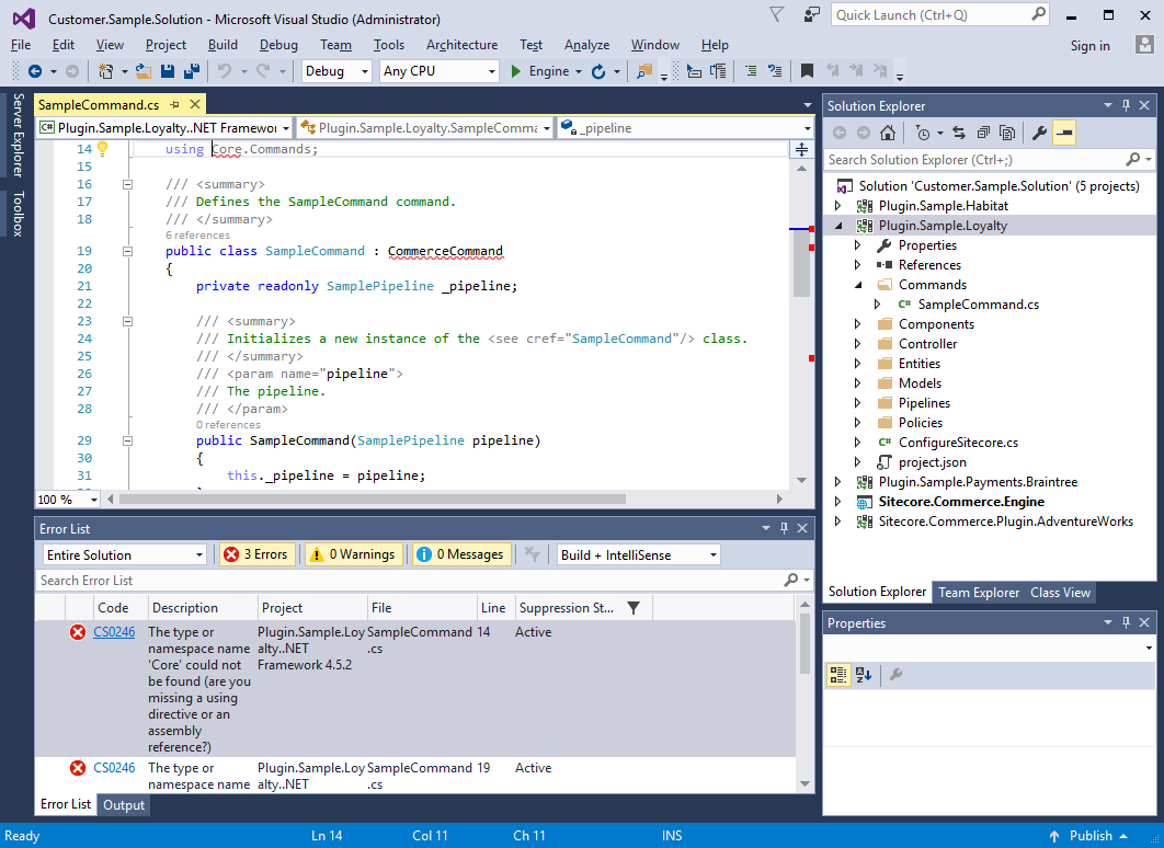 Visual Studio showing system errors displayed in the Error List