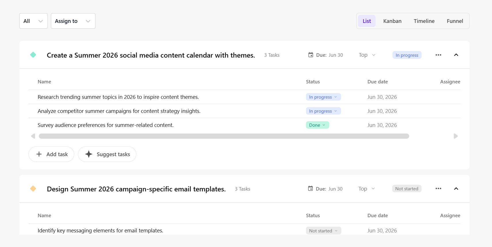 The List tab provides a hierarchical display of deliverables and tasks under the project.
