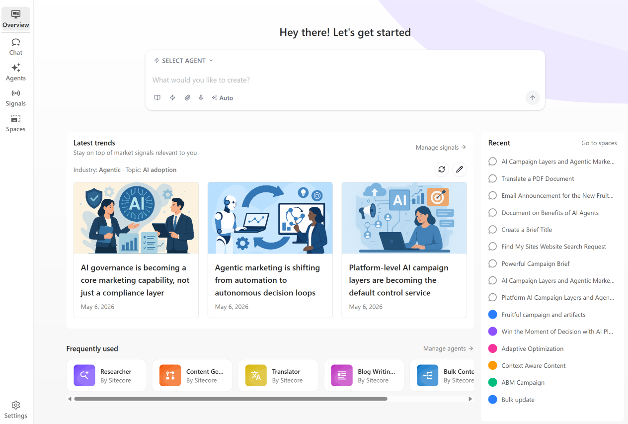 Overview page showing how to access elements of Agentic Studio