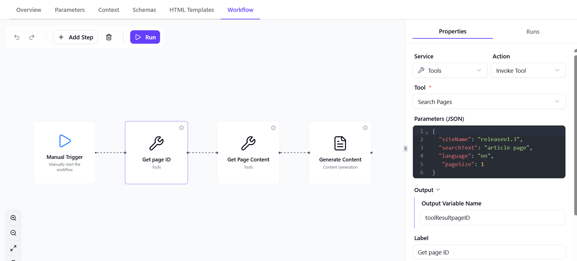 An example workflow that uses the Invoke Tool action to find a page and retrieve its content, and generates a short summary from that content.