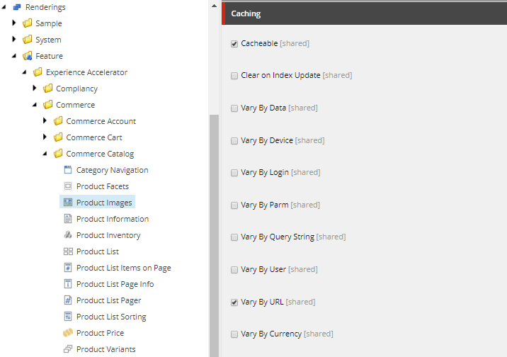 Shows caching configuration for Commerce renderings for the SXA Storefront.