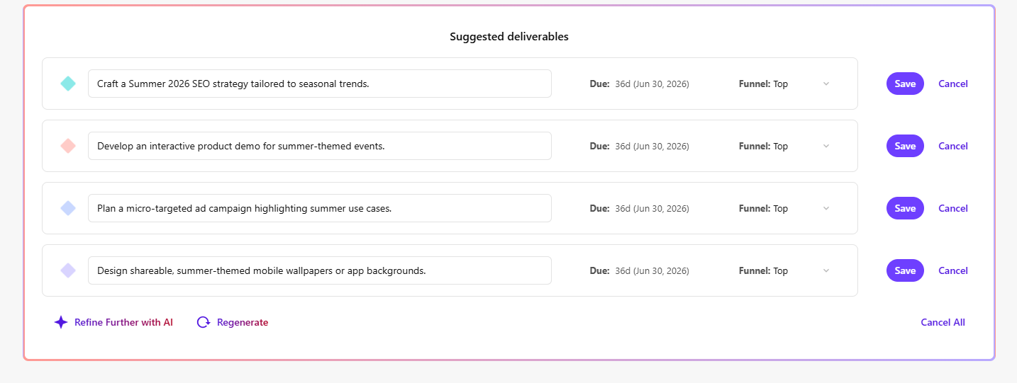 Click Save next to the AI-generated deliverable you want to add to your campaign.