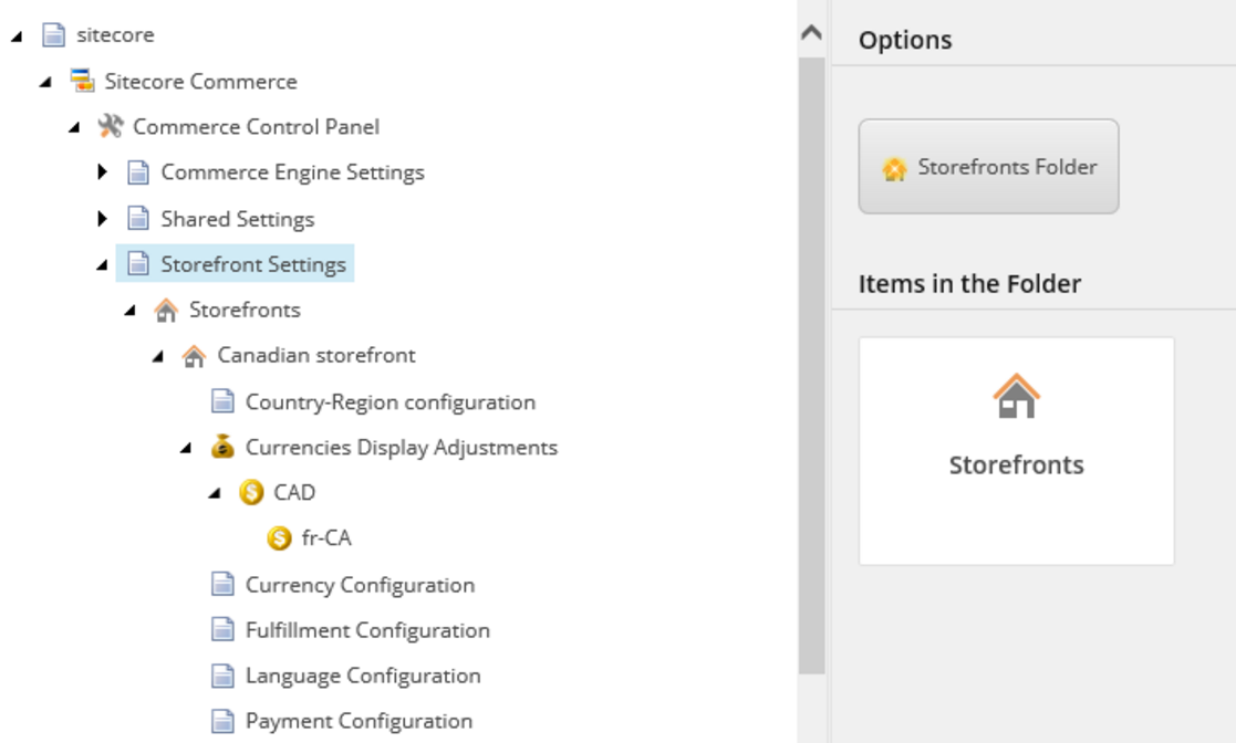 Storefront configuration settings in the Commerce Control Panel.