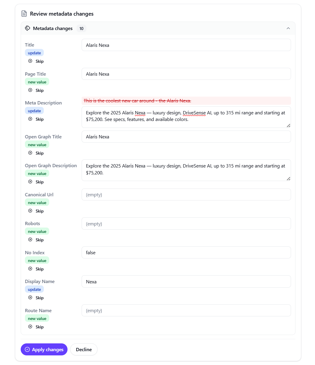 Screenshot showing the review card displayed after the AI agent finishes working on the request, which includes the changes it proposes.