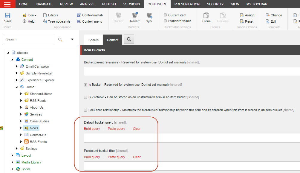 The Default Bucket Query field and the Persistent Bucket Filter field