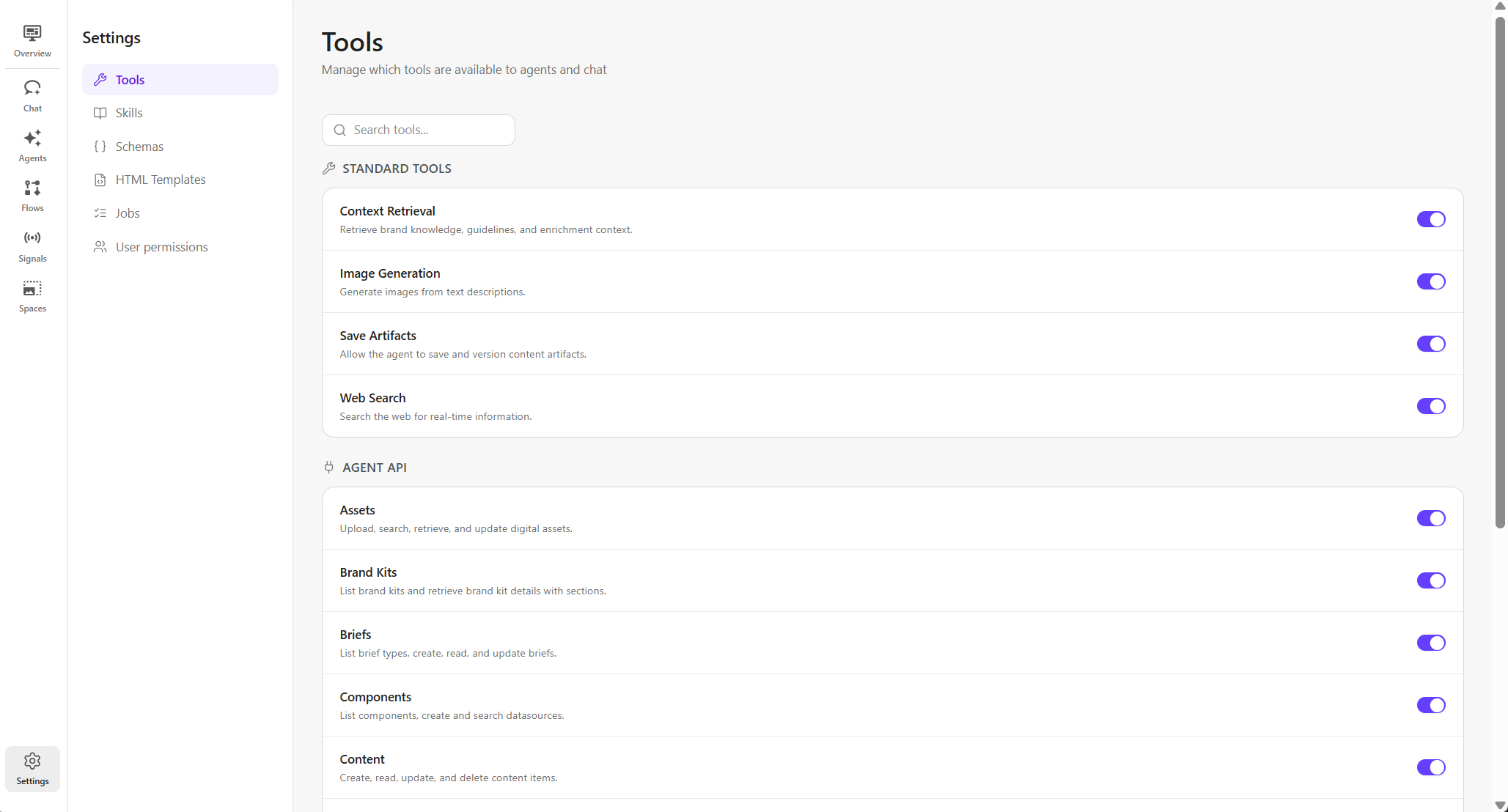 Screenshot of the Settings page in Agentic studio to define agent tools, skills, schemas, and more.